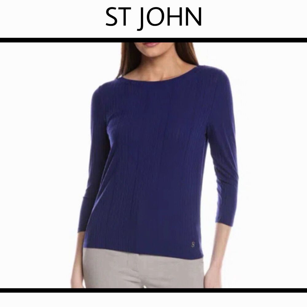 St. John Navy Blue Ribbed 3/4 Sleeve Knit Top